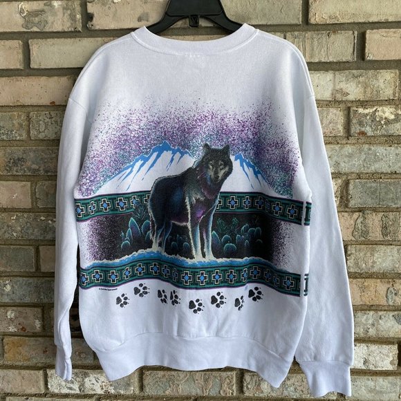 Vintage Sunrise Sportswear Blue Eye Wolf Sweatshirt White Size Large All Over - Picture 3 of 9